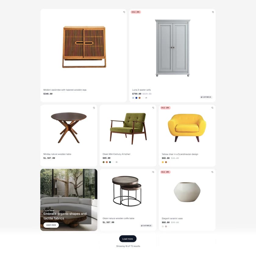 Furniture store catalog with chairs, tables and storage pieces
