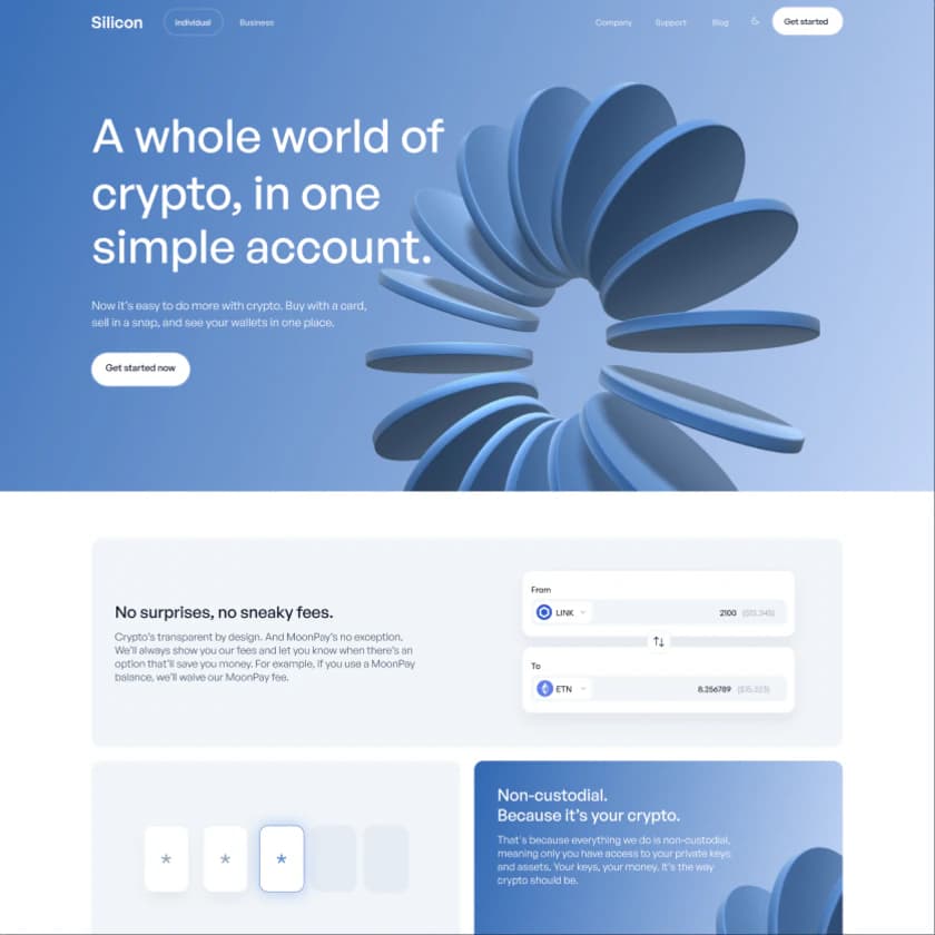 Crypto wallet landing page with a sculpted blue hero