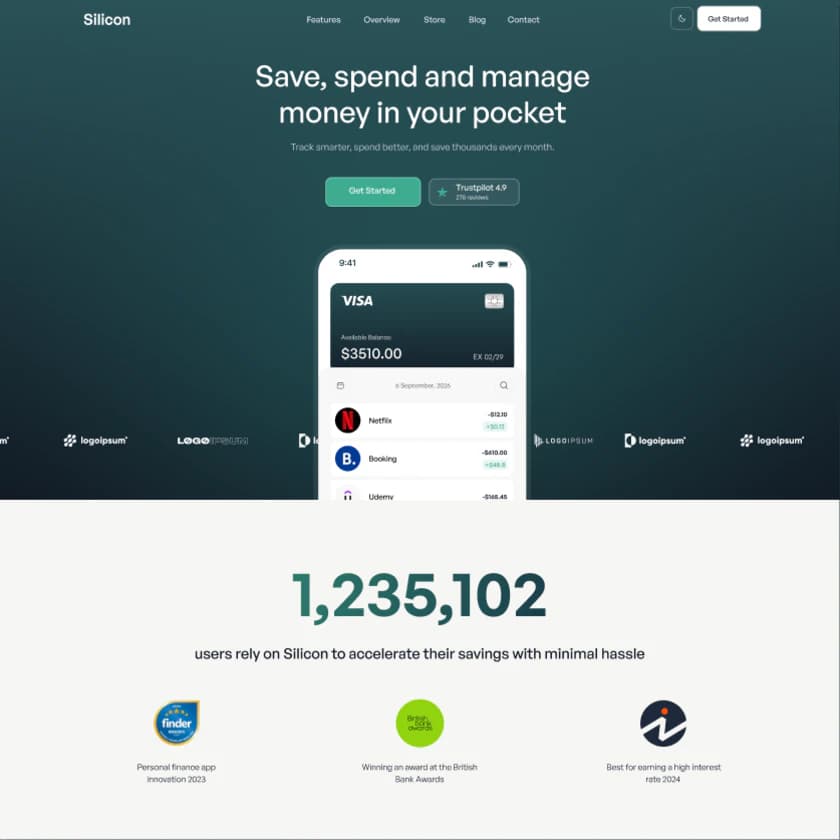Banking app landing page with a phone mockup