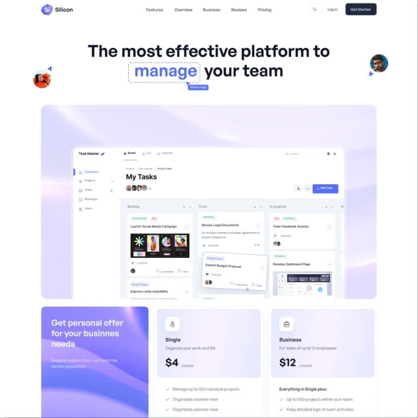 Team productivity SaaS landing page with a dashboard preview and pricing