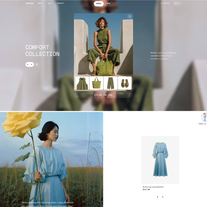 Fashion store page shopping a complete look from a lookbook photo