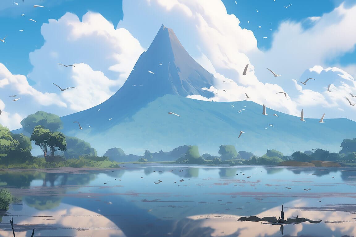 A lone peak mirrored in a still lake