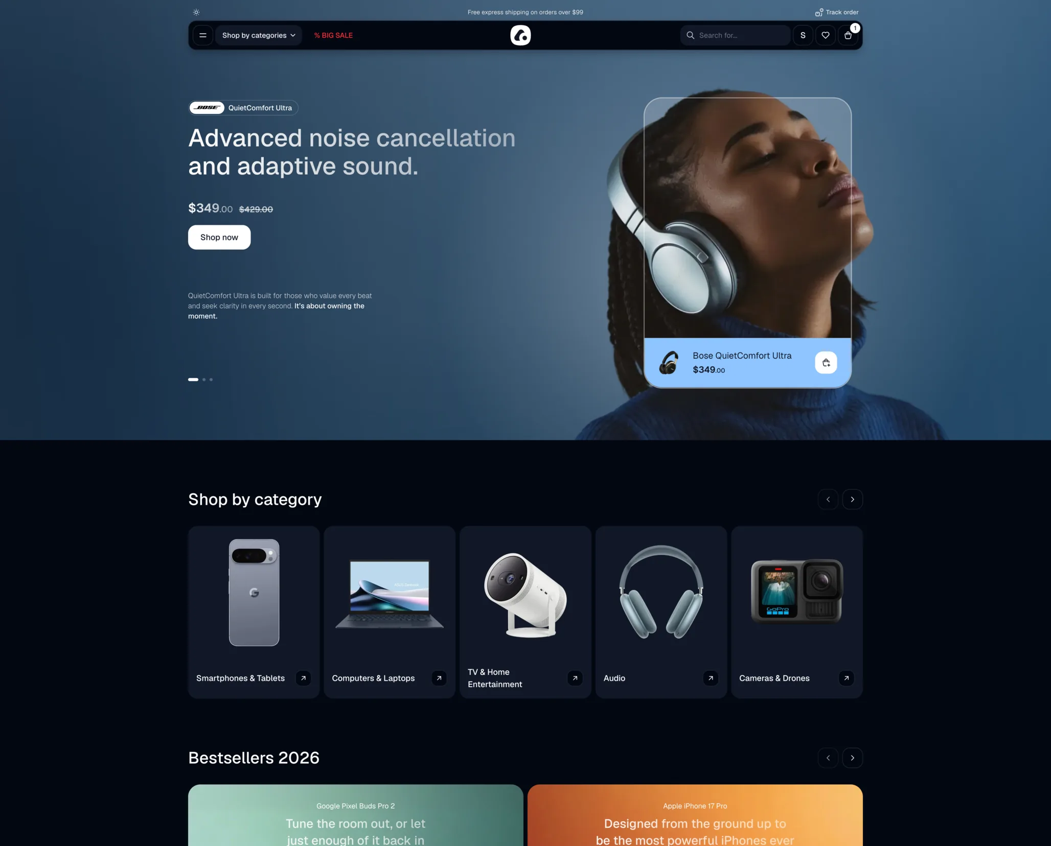 The Electronics store home page with a headphones hero