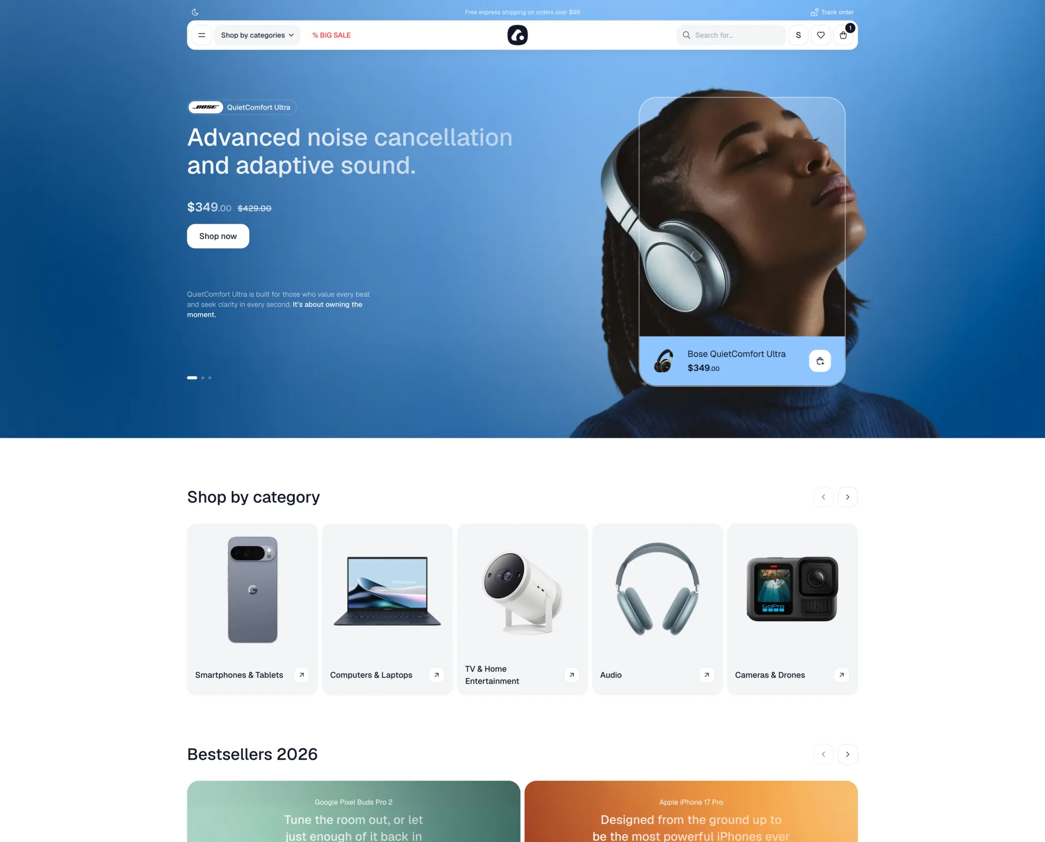 The Electronics store home page with a headphones hero