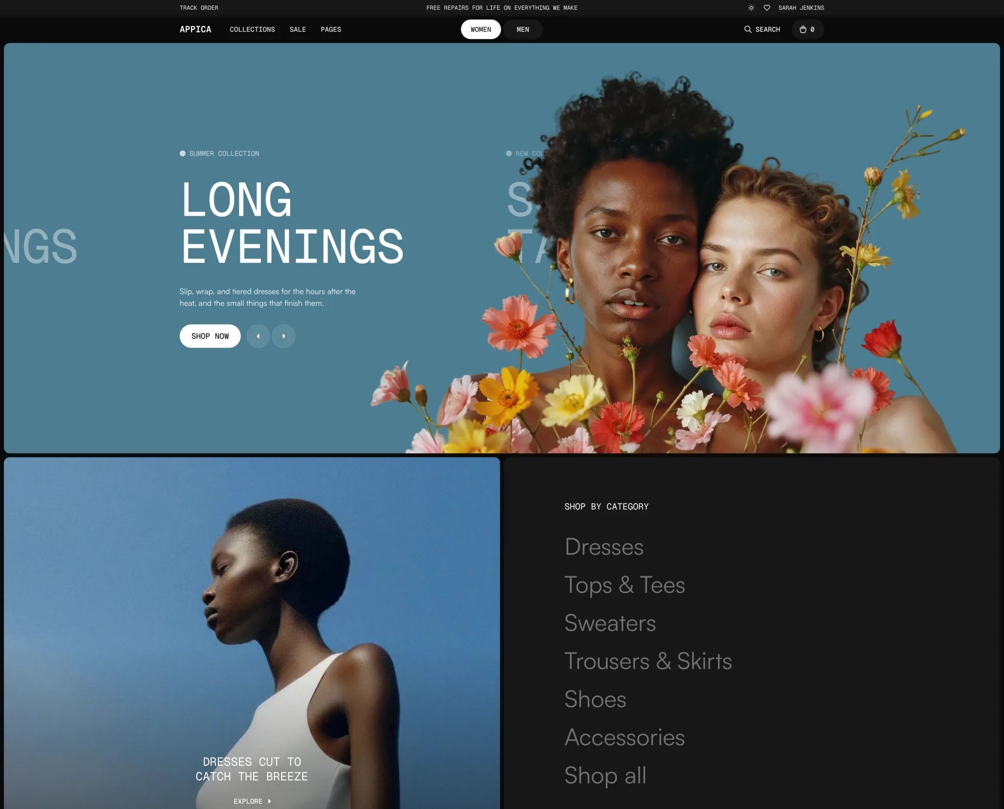 The Fashion store home page with a summer collection hero