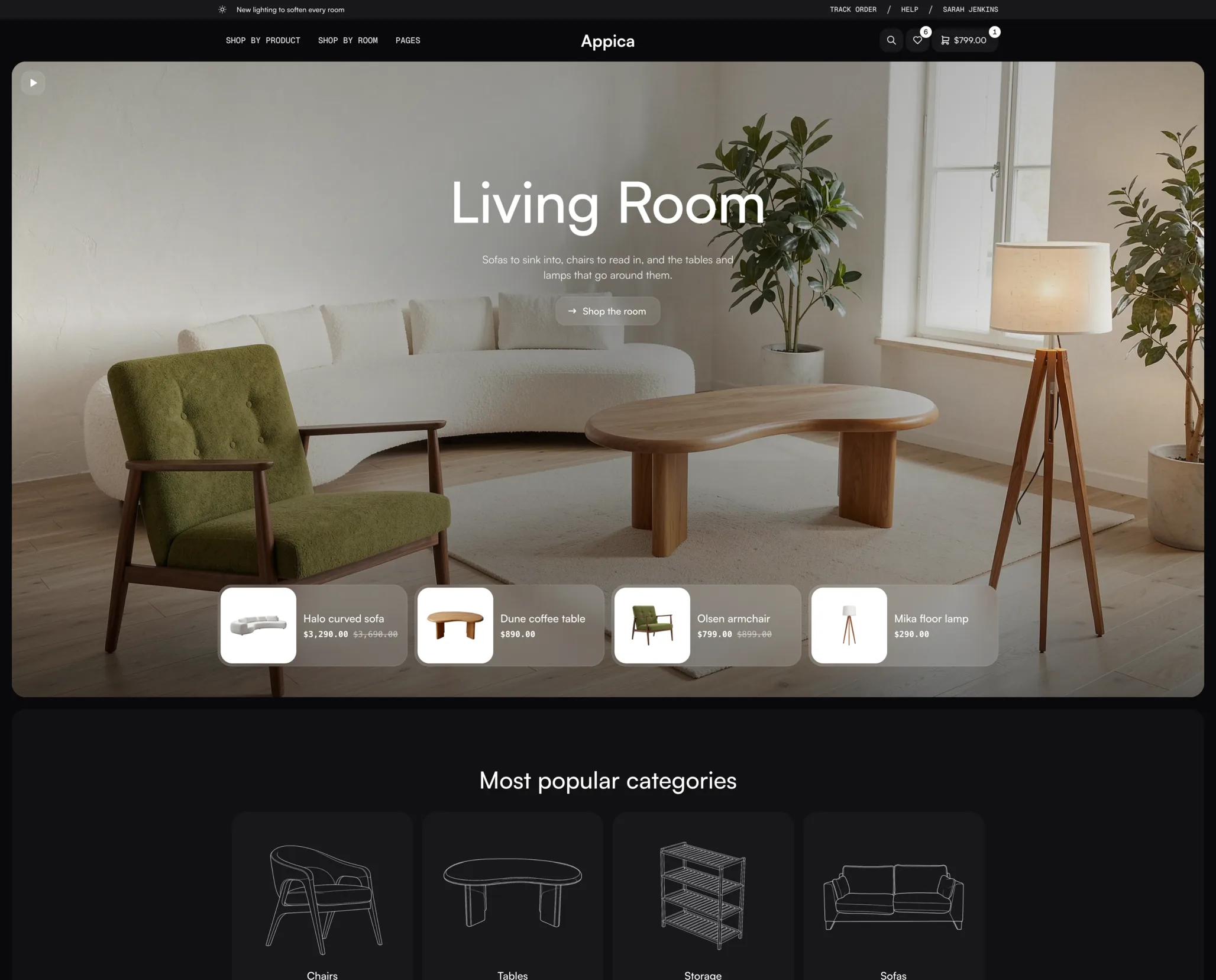 The Furniture store home page with a living room hero