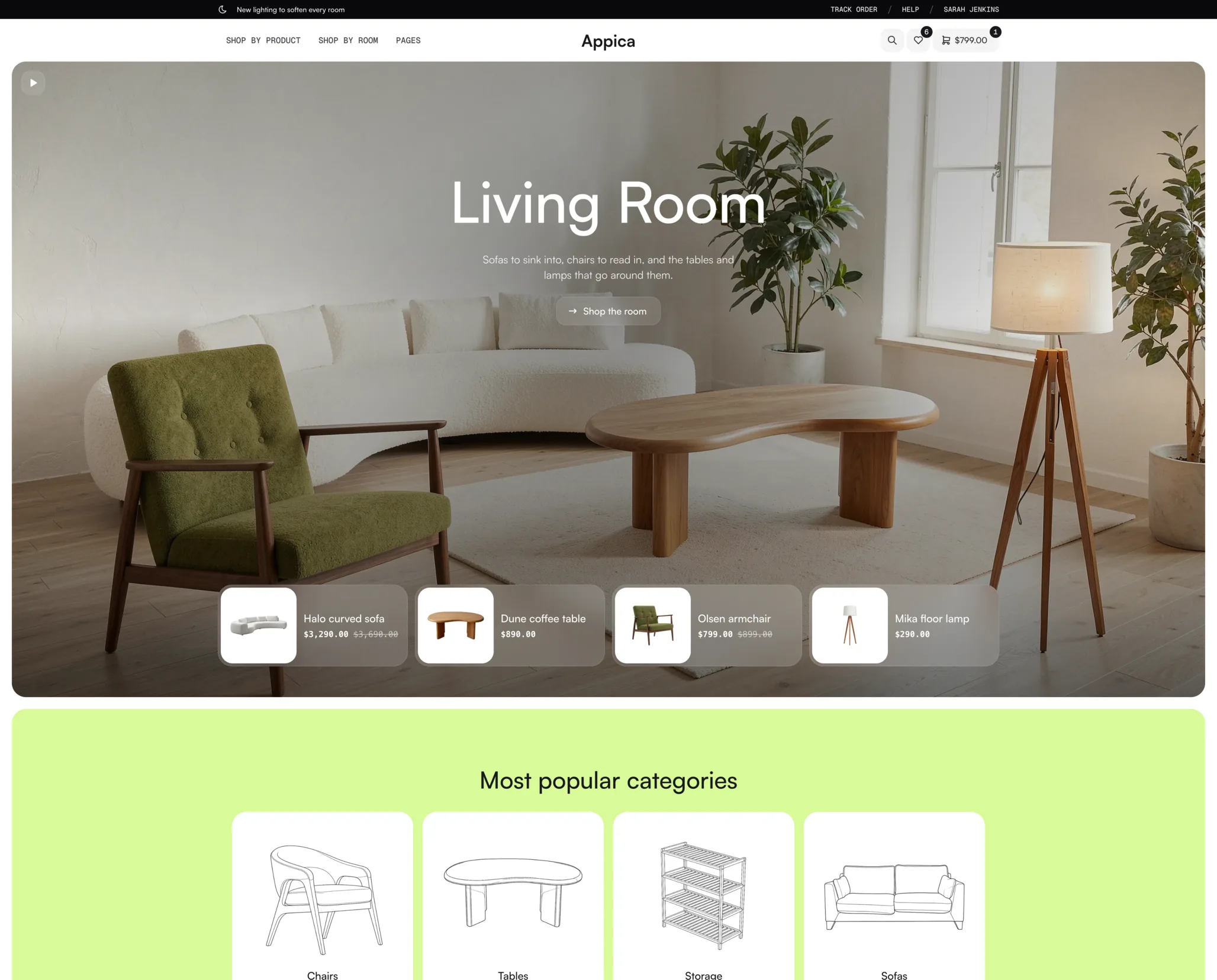 The Furniture store home page with a living room hero