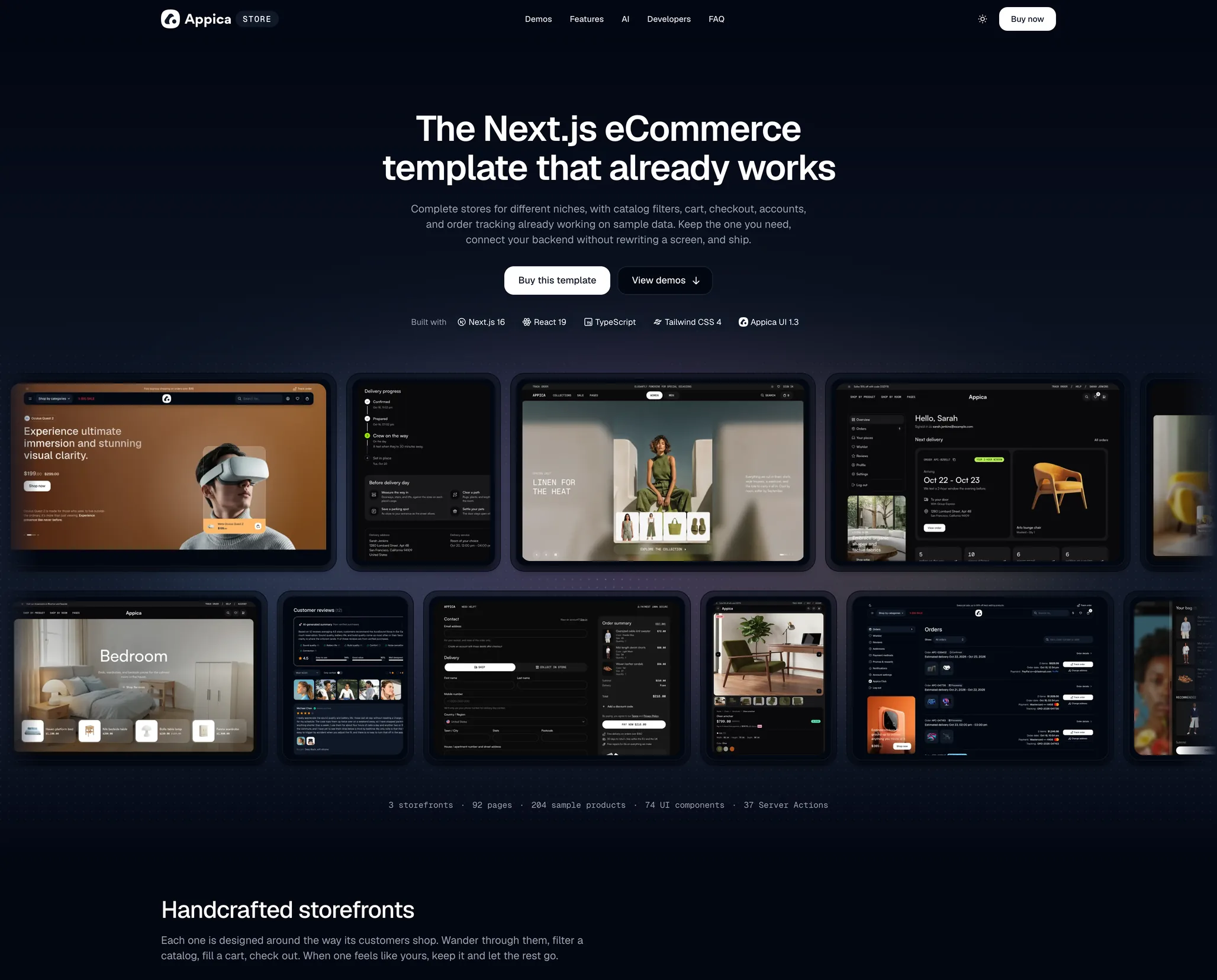 The Appica Store landing page with its demo stores