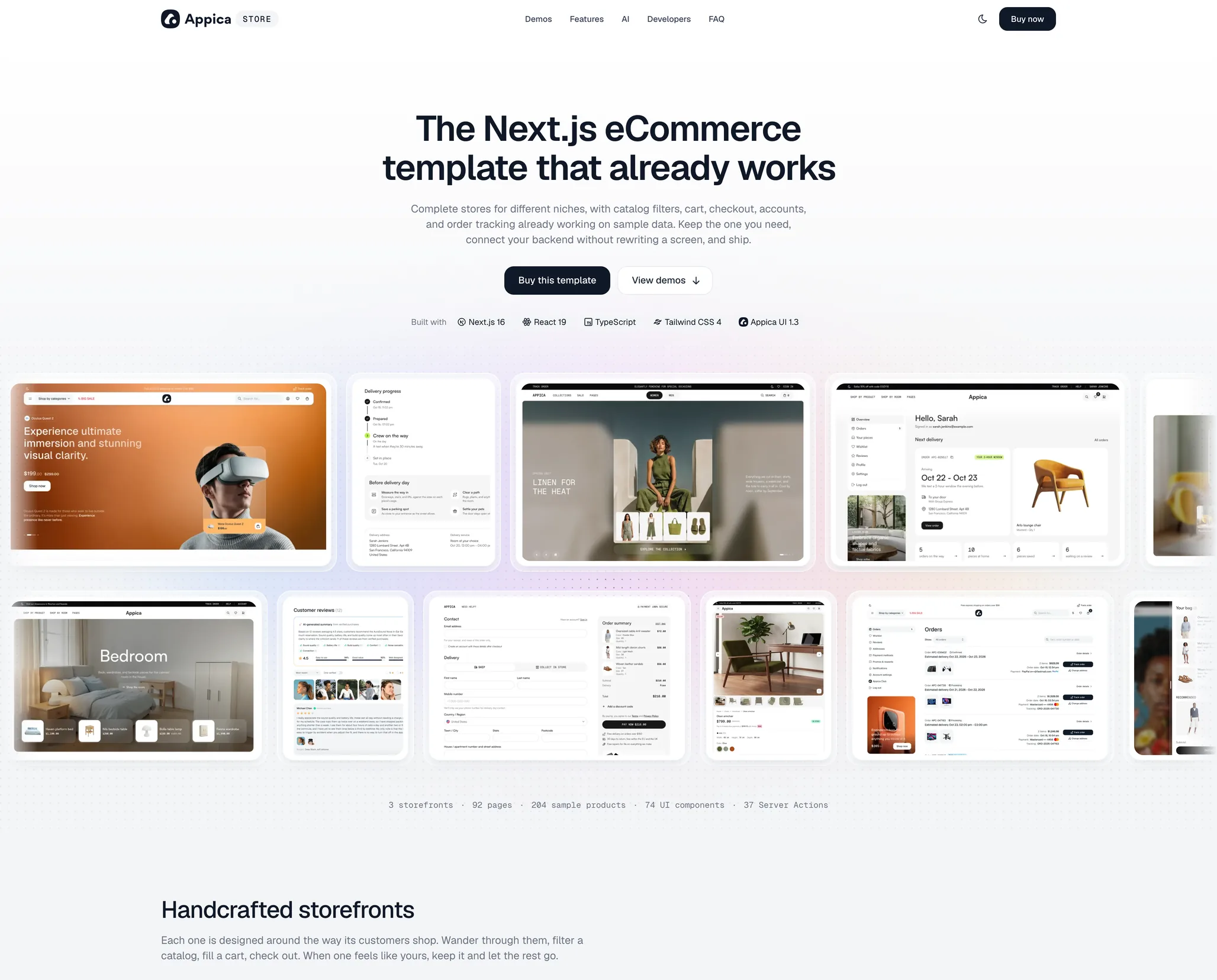 The Appica Store landing page with its demo stores